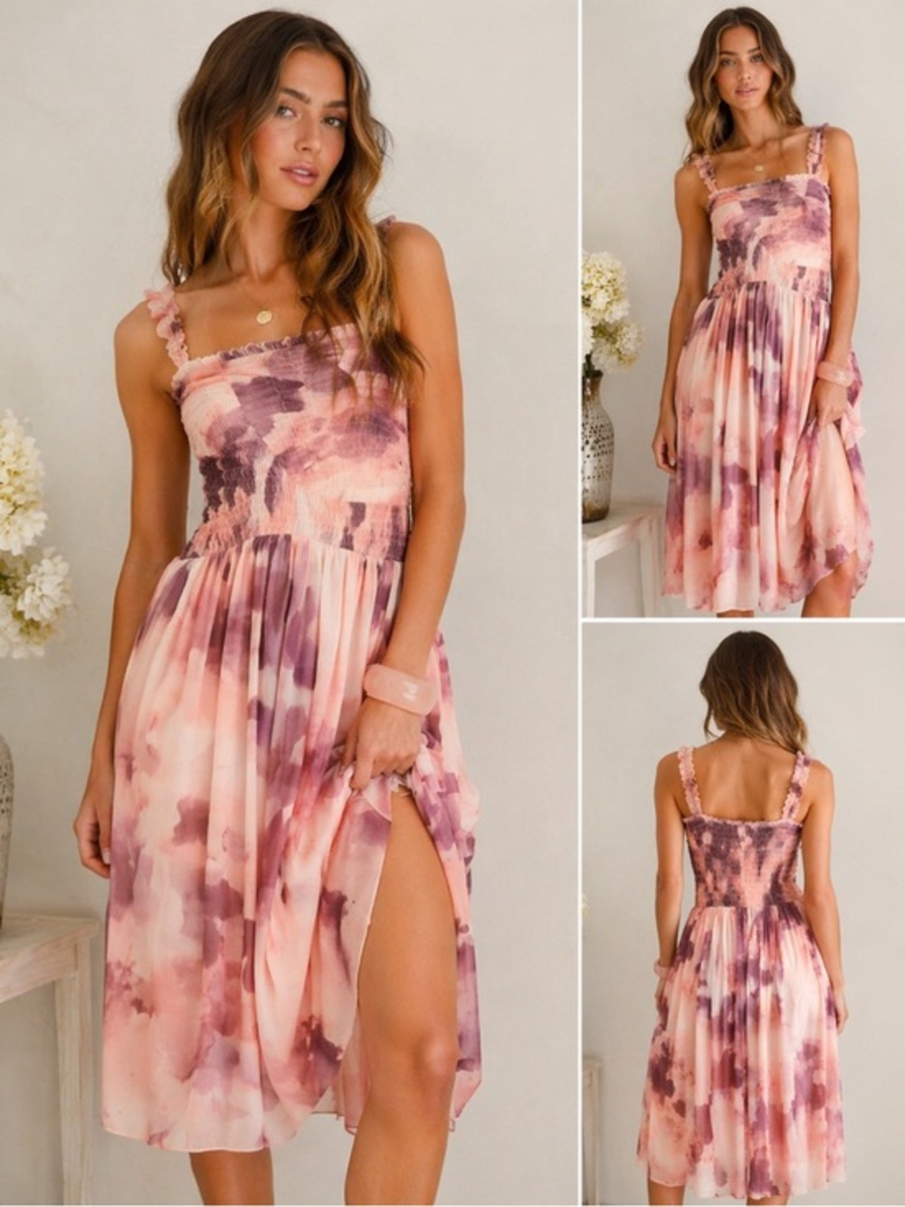 Free People Tessa Smocked Midi Dress NWT XS Pink Floral Ruched REVOLVE